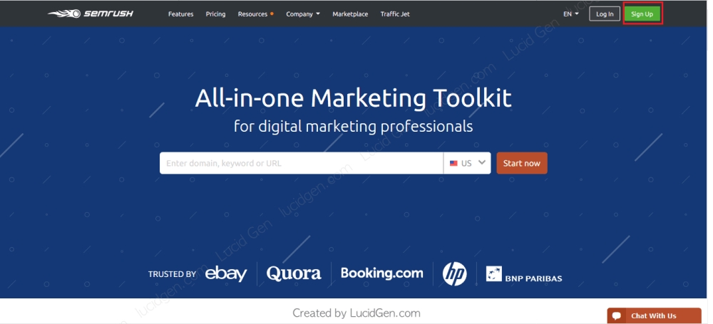 Nhấp vào Sign up để tạo account trên SEMrush.