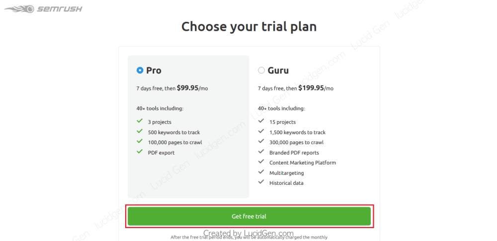 Nhấp vào Get free trial để dùng bảng miễn phí.