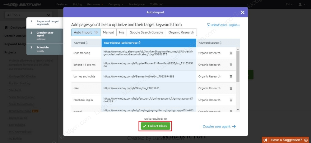Tại đây bạn sẽ nhận được thông tin cho từ khóa và link bài viết của bạn cần xem xét. Nhấp vào Collect Ideas để nhận ý tưởng.