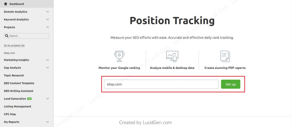 Nhập tên miền bạn muốn kiểm tra vào đây và nhấn Set Up.
