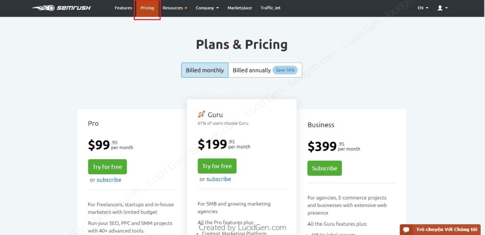 Hiện tại SEMrush có 3 gói tính phí với nhiều tính năng cho bạn lựa chọn.